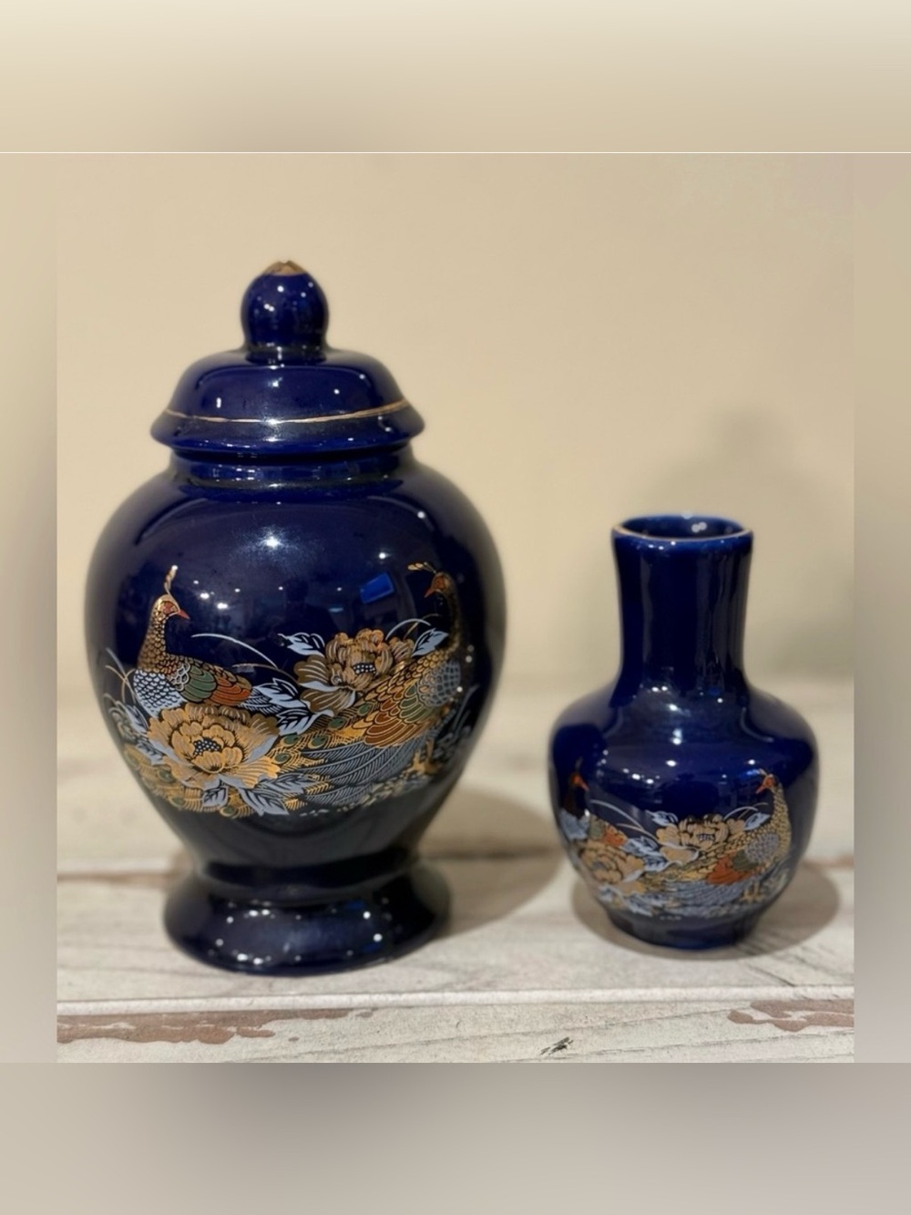 Vintage Cobalt Blue Ginger Jar & Bud Vase Set Gold Peacock Chinoiserie D
